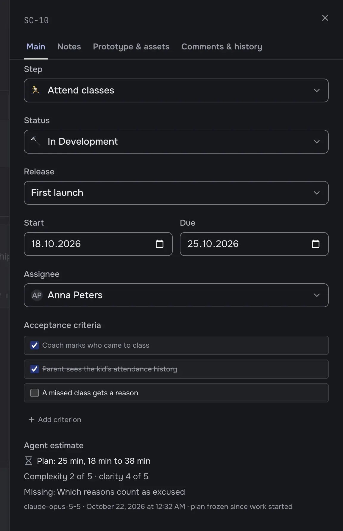 A story in development: two of three criteria checked, the agent’s plan of 25 minutes frozen since work started.
